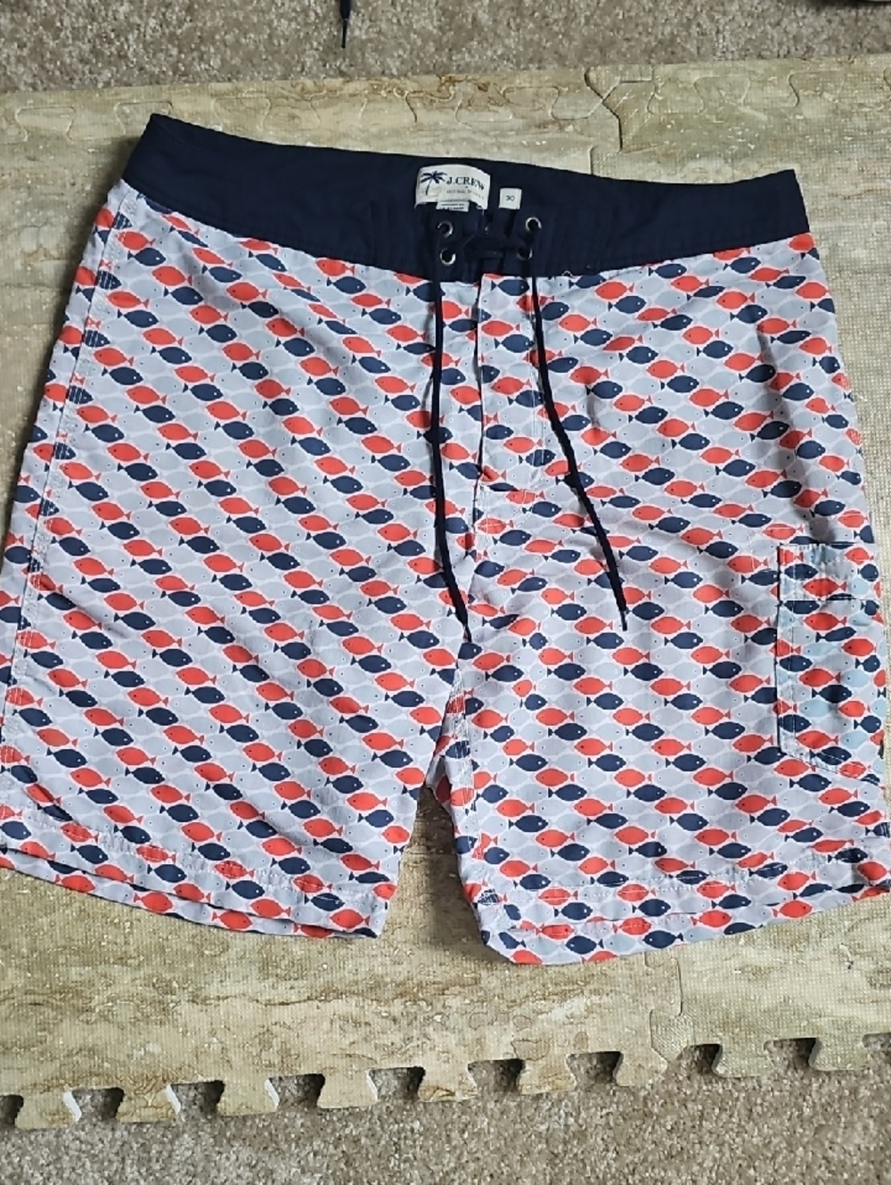 J. Crew Navy Waistband Red & Navy Fish-Print Swim Shorts
